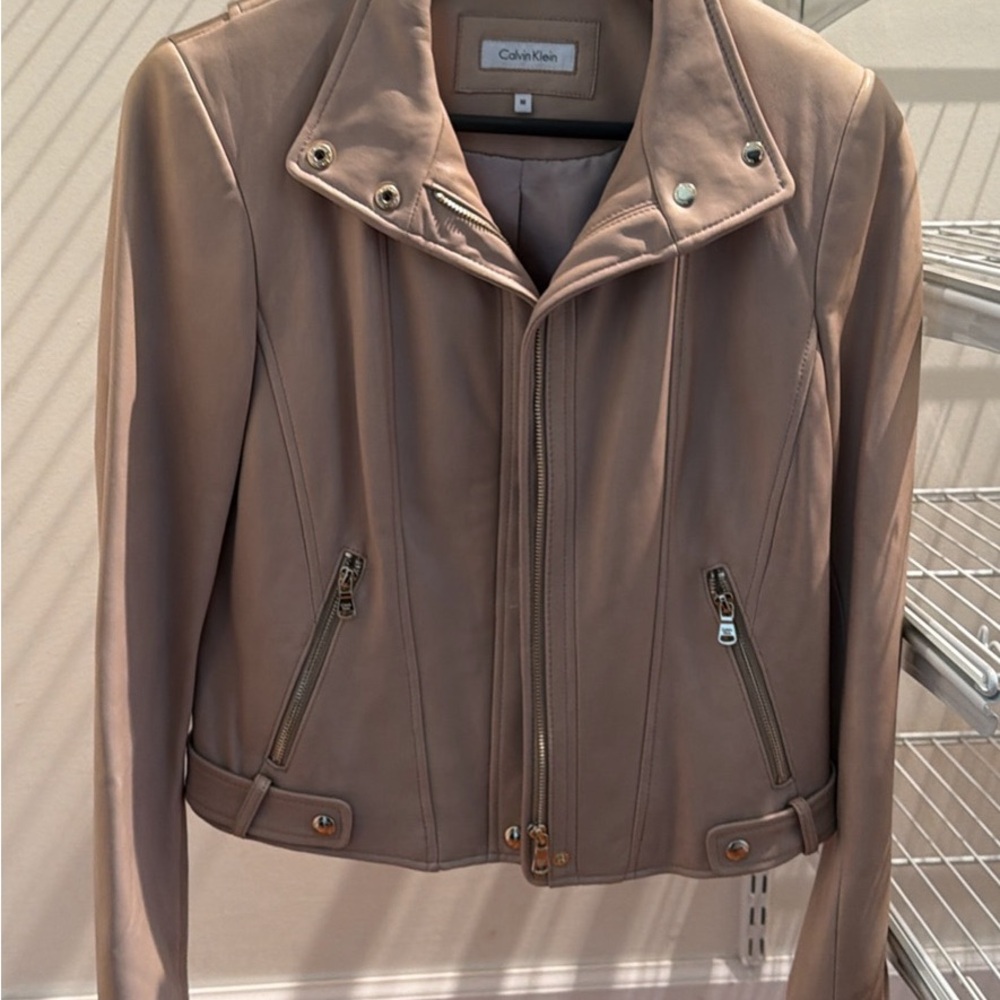Calvin Klein Women's Taupe Leather Moto Jacket